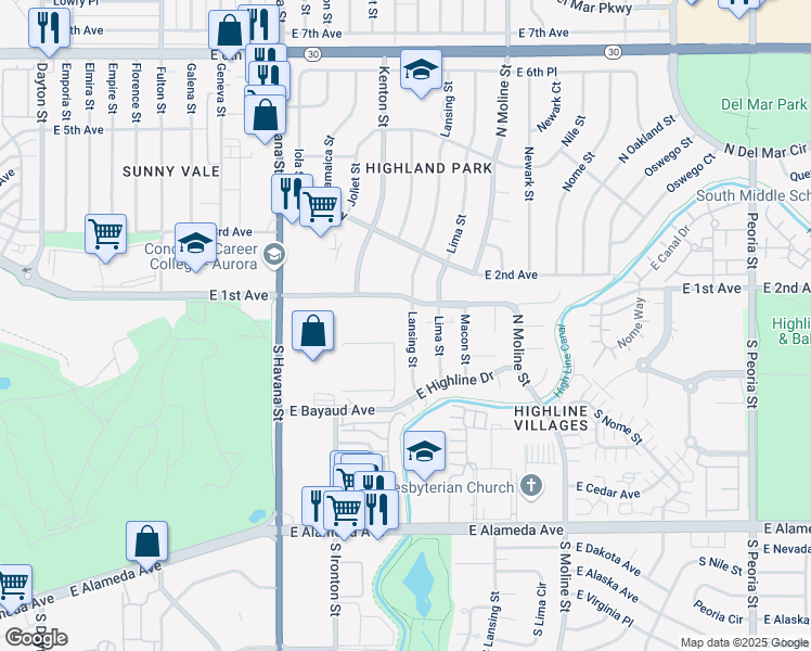 map of restaurants, bars, coffee shops, grocery stores, and more near 58 Lansing Street in Aurora