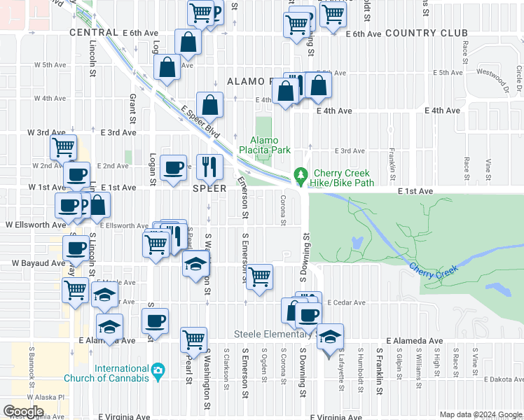 map of restaurants, bars, coffee shops, grocery stores, and more near 13 North Ogden Street in Denver