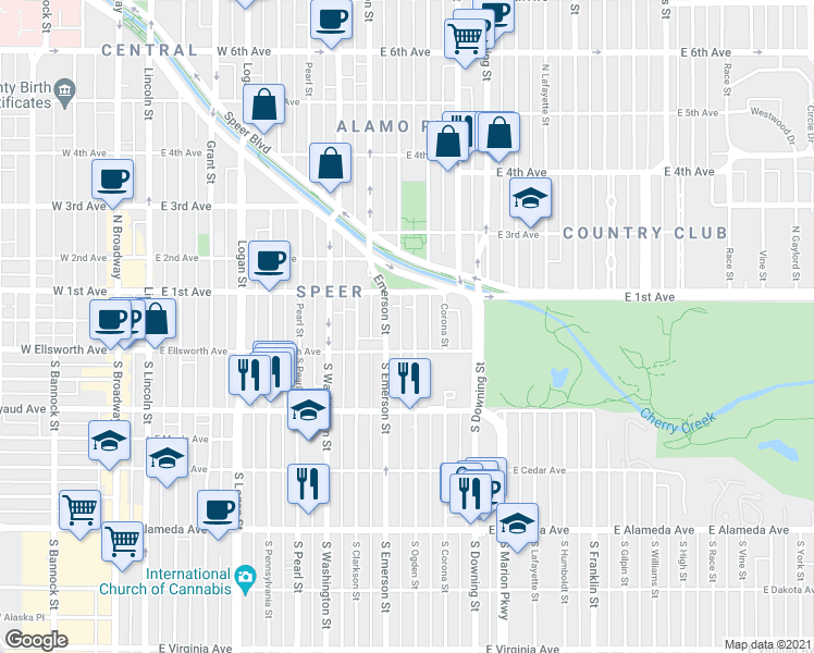 map of restaurants, bars, coffee shops, grocery stores, and more near 15 North Ogden Street in Denver