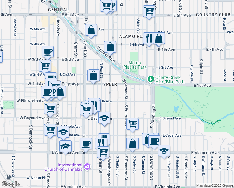 map of restaurants, bars, coffee shops, grocery stores, and more near 25 Emerson Street in Denver