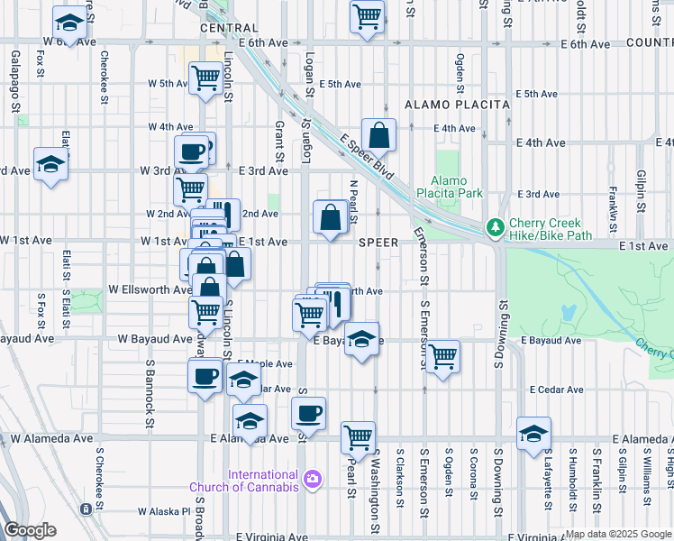 map of restaurants, bars, coffee shops, grocery stores, and more near 17 Pearl Street in Denver