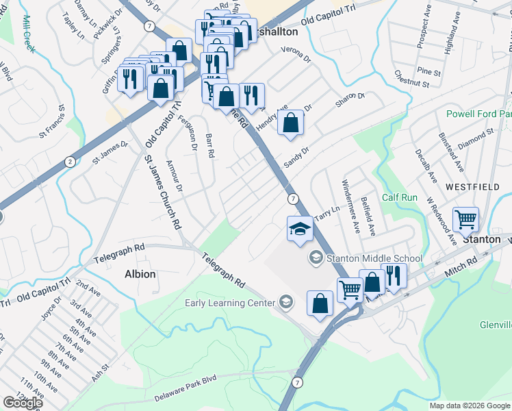 map of restaurants, bars, coffee shops, grocery stores, and more near 36 Indiana Road in Wilmington