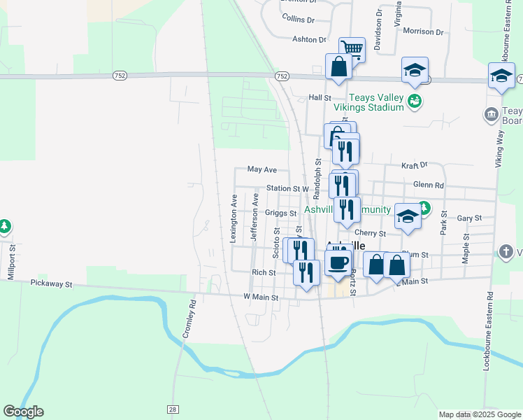 map of restaurants, bars, coffee shops, grocery stores, and more near 179 Scioto Street in Ashville