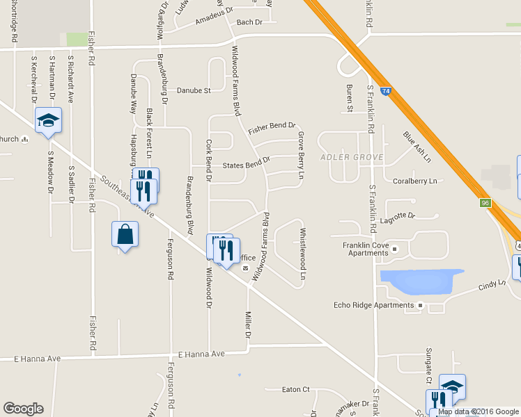 map of restaurants, bars, coffee shops, grocery stores, and more near 8015 Wildwood Farms Lane in Indianapolis