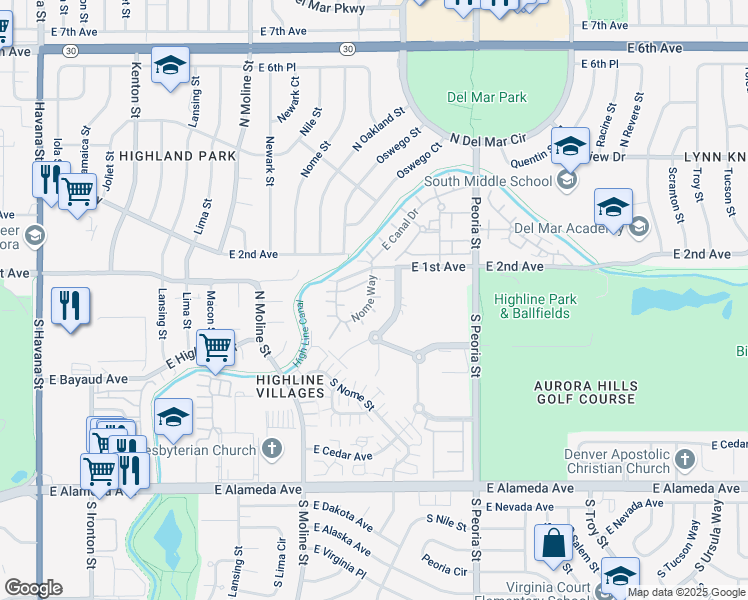 map of restaurants, bars, coffee shops, grocery stores, and more near 64 Nome Way in Aurora