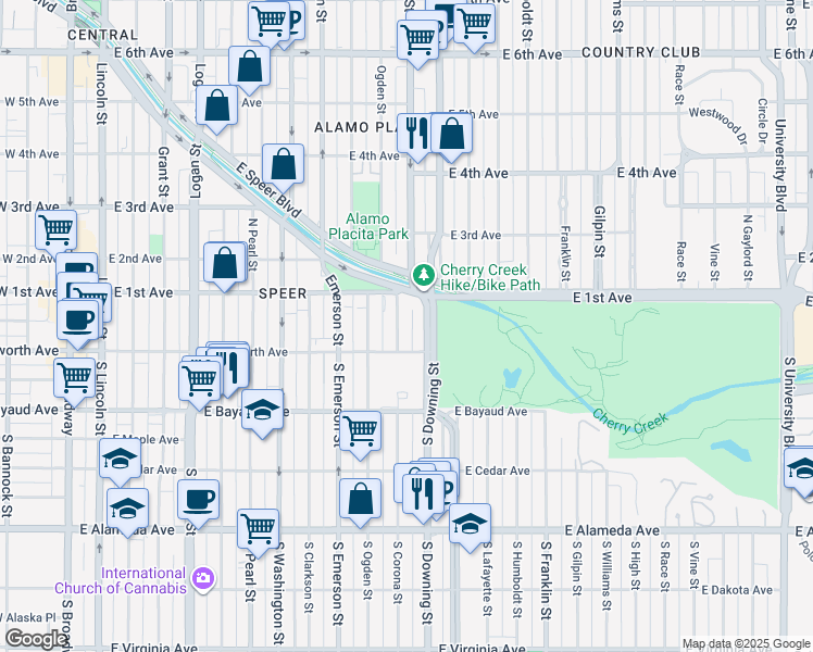 map of restaurants, bars, coffee shops, grocery stores, and more near 28 Corona Street in Denver