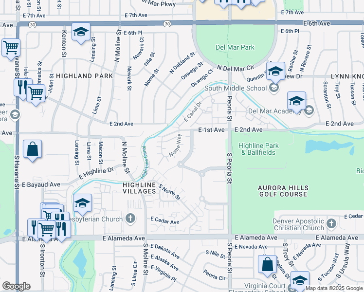 map of restaurants, bars, coffee shops, grocery stores, and more near 64 Nome Way in Aurora