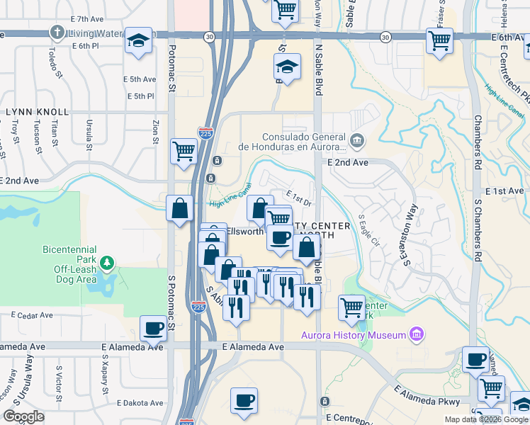map of restaurants, bars, coffee shops, grocery stores, and more near 14201 East 1st Drive in Aurora