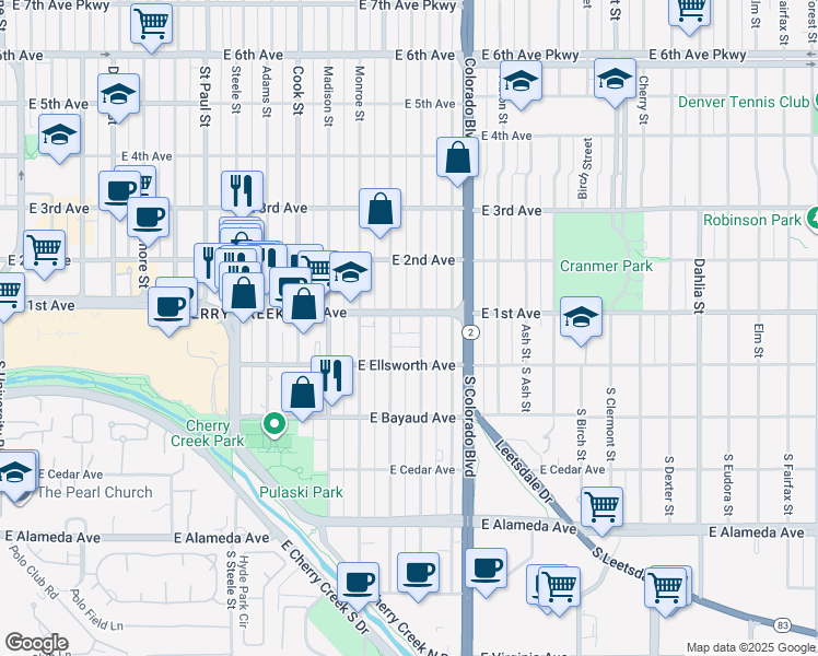 map of restaurants, bars, coffee shops, grocery stores, and more near 3740 East 1st Avenue in Denver