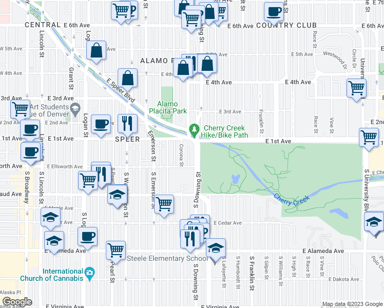 map of restaurants, bars, coffee shops, grocery stores, and more near 25 North Downing Street in Denver