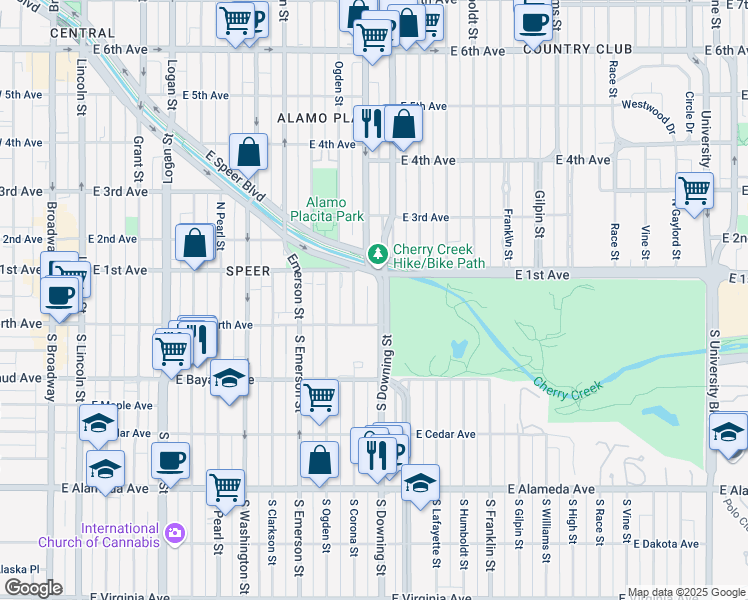 map of restaurants, bars, coffee shops, grocery stores, and more near 1 North Downing Street in Denver