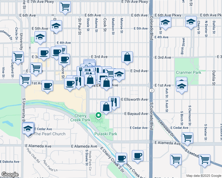 map of restaurants, bars, coffee shops, grocery stores, and more near 55 Madison Street in Denver
