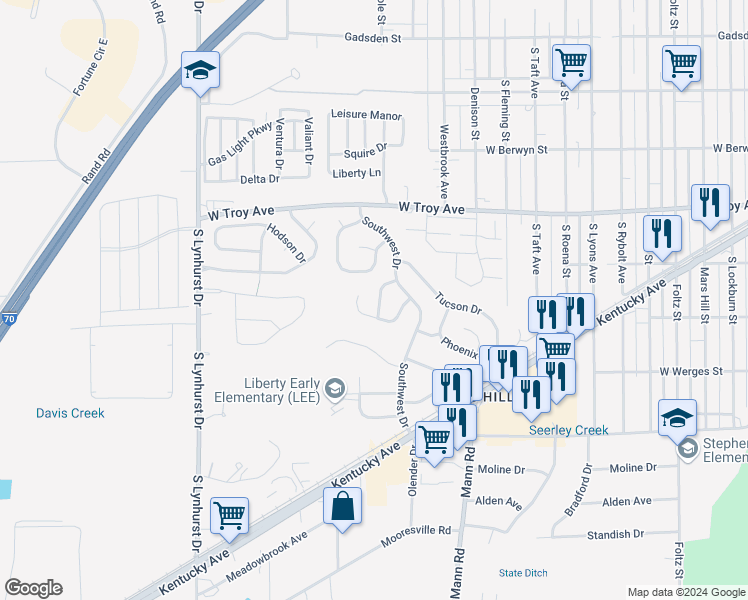 map of restaurants, bars, coffee shops, grocery stores, and more near 3222 Tempe Drive in Indianapolis
