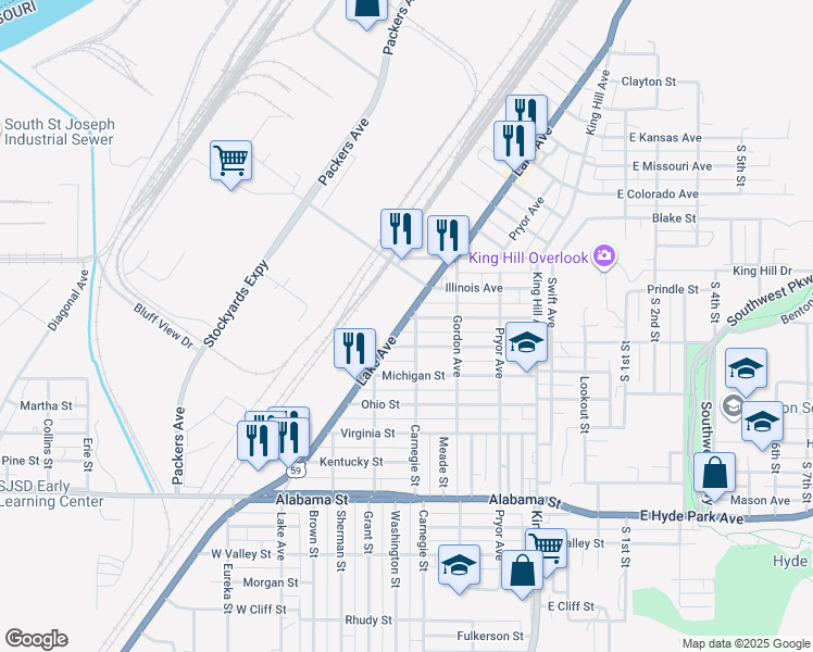map of restaurants, bars, coffee shops, grocery stores, and more near 405 Massachusetts Street in Saint Joseph