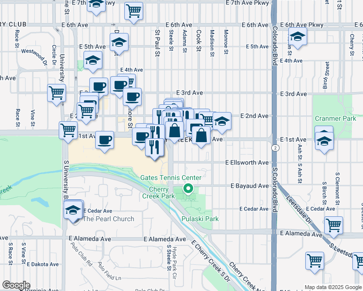 map of restaurants, bars, coffee shops, grocery stores, and more near 48 Steele Street in Denver
