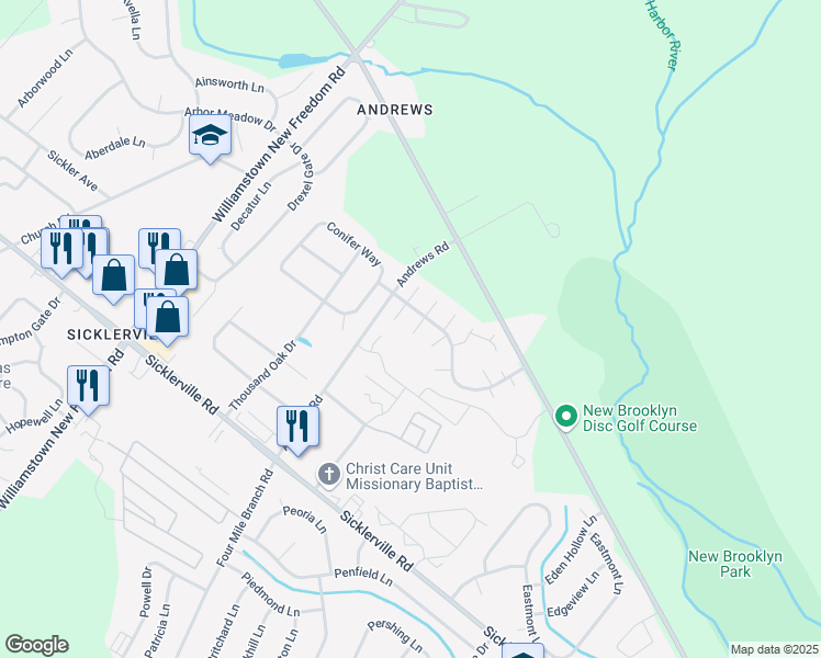 map of restaurants, bars, coffee shops, grocery stores, and more near 14 Langdon Court in Sicklerville