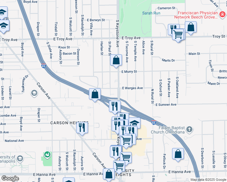 map of restaurants, bars, coffee shops, grocery stores, and more near 3312 South Keystone Avenue in Indianapolis
