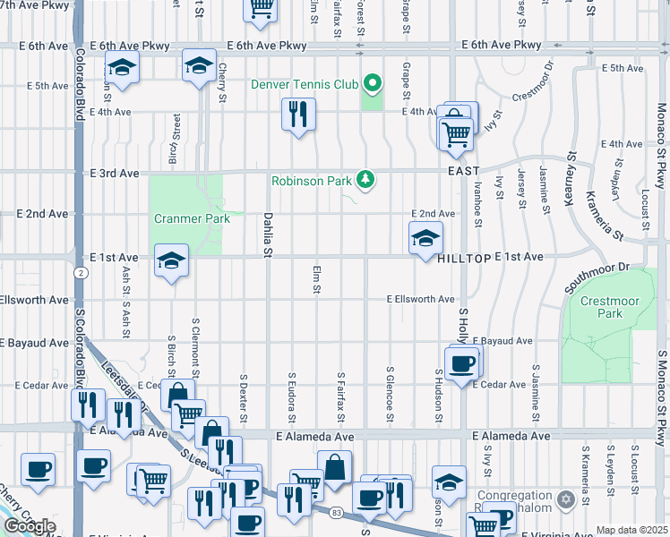 map of restaurants, bars, coffee shops, grocery stores, and more near 50 Fairfax Street in Denver