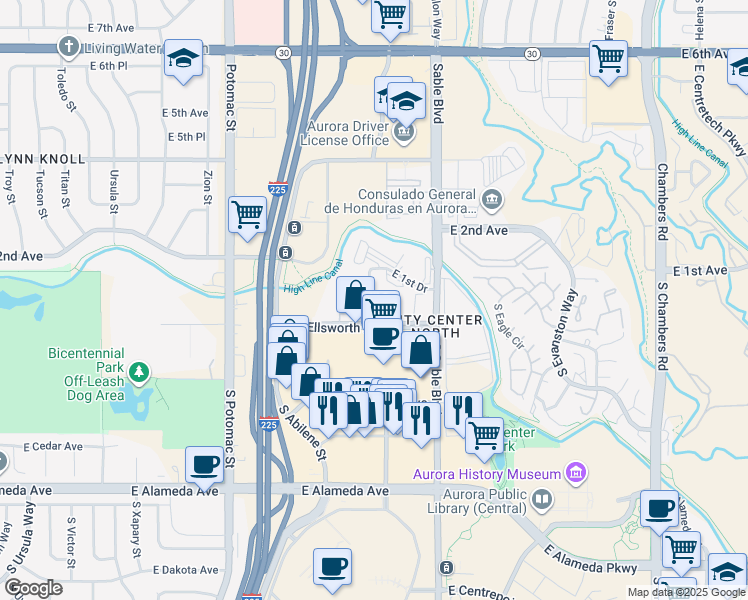 map of restaurants, bars, coffee shops, grocery stores, and more near 14216 East 1st Drive in Aurora