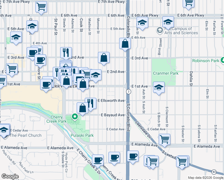 map of restaurants, bars, coffee shops, grocery stores, and more near 3740 East 1st Avenue in Denver