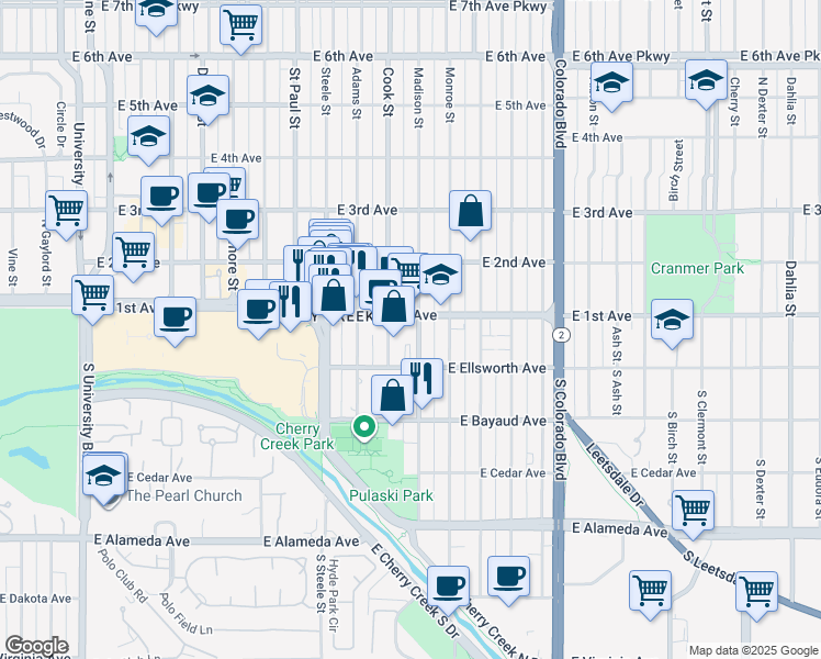 map of restaurants, bars, coffee shops, grocery stores, and more near 55 Madison Street in Denver