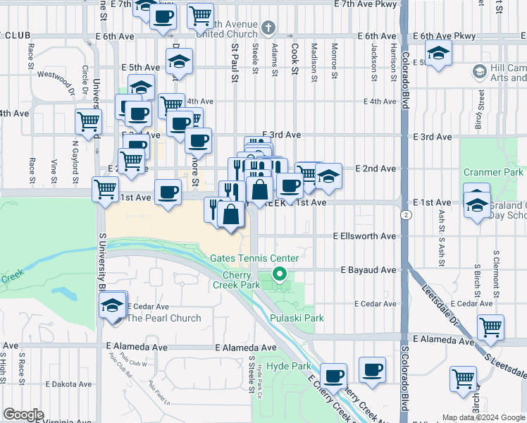 map of restaurants, bars, coffee shops, grocery stores, and more near 48 Steele Street in Denver