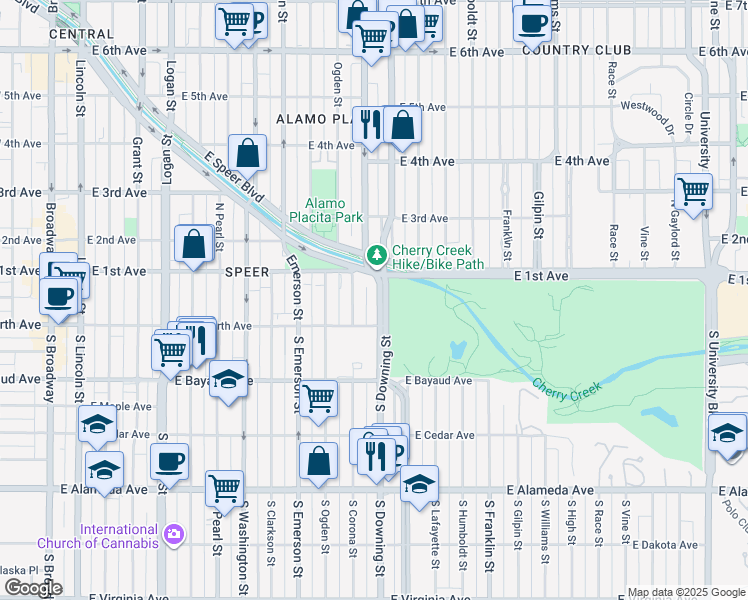 map of restaurants, bars, coffee shops, grocery stores, and more near in Denver