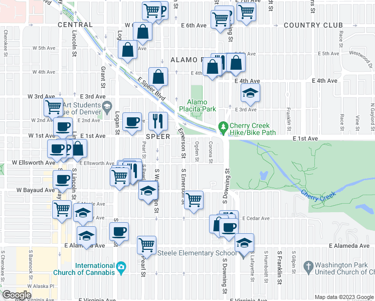 map of restaurants, bars, coffee shops, grocery stores, and more near 15 North Ogden Street in Denver