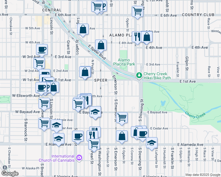 map of restaurants, bars, coffee shops, grocery stores, and more near 25 Emerson Street in Denver
