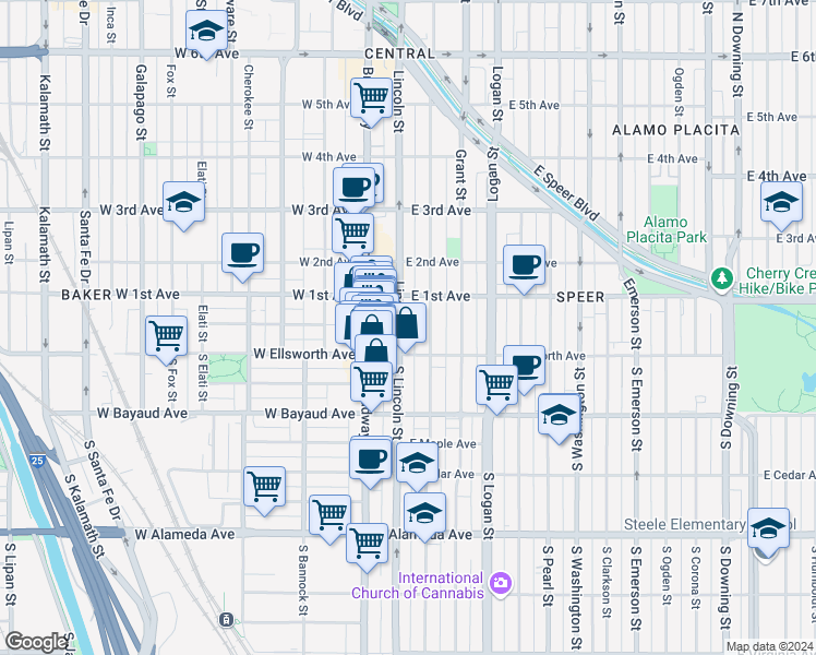 map of restaurants, bars, coffee shops, grocery stores, and more near in Denver