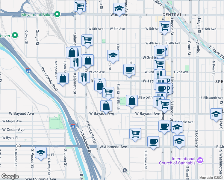 map of restaurants, bars, coffee shops, grocery stores, and more near 17 Fox Street in Denver