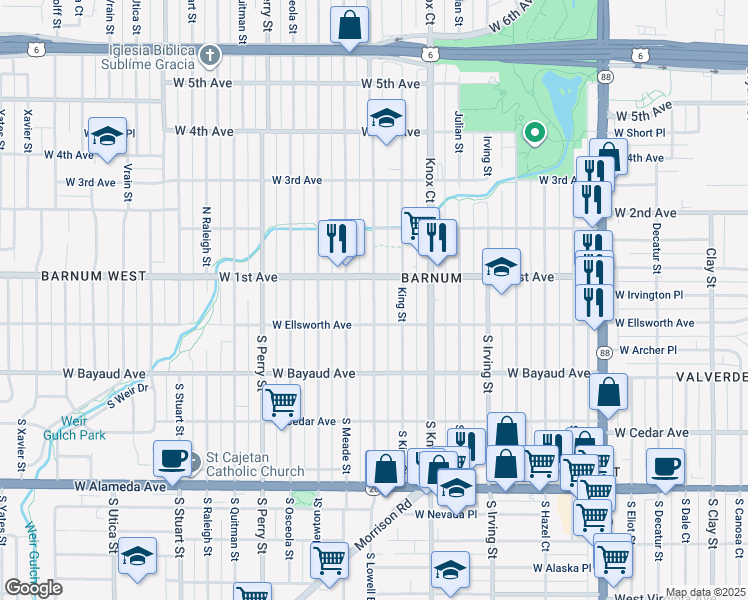 map of restaurants, bars, coffee shops, grocery stores, and more near 20 Lowell Boulevard in Denver