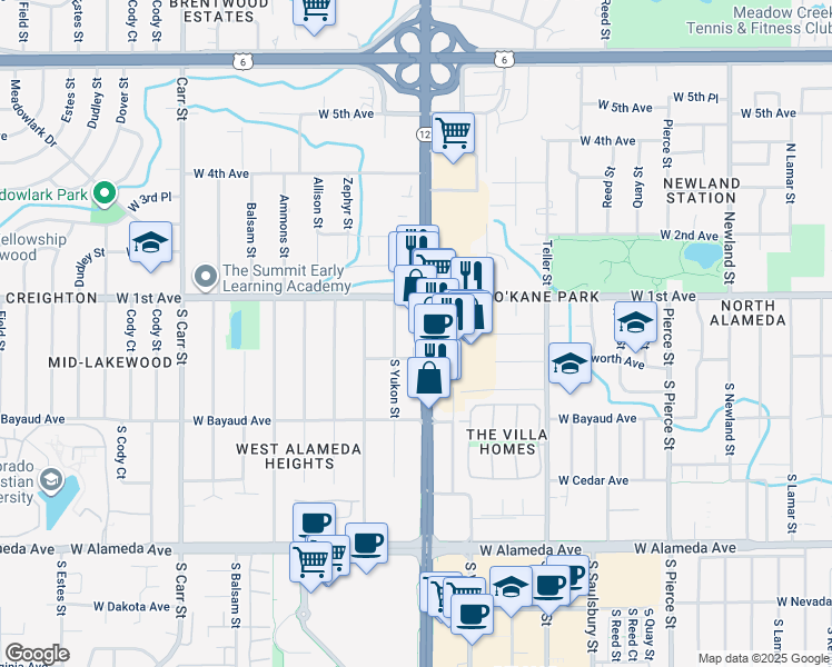 map of restaurants, bars, coffee shops, grocery stores, and more near 10 Yukon Street in Lakewood