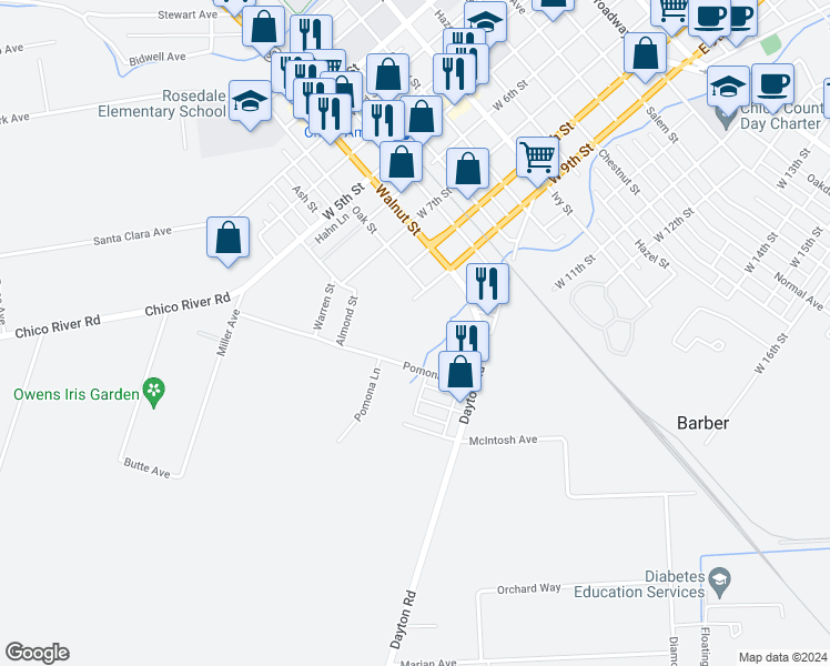 map of restaurants, bars, coffee shops, grocery stores, and more near 925 Pomona Avenue in Chico