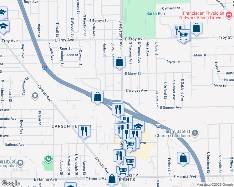 map of restaurants, bars, coffee shops, grocery stores, and more near 3312 South Keystone Avenue in Indianapolis