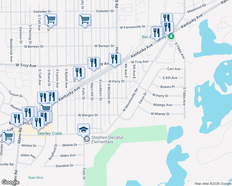 map of restaurants, bars, coffee shops, grocery stores, and more near 3157 South McClure Street in Indianapolis