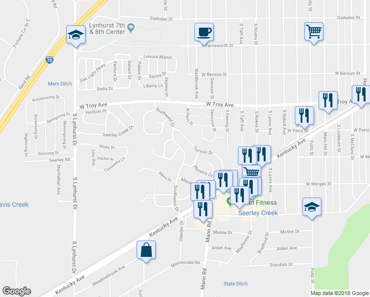 map of restaurants, bars, coffee shops, grocery stores, and more near 3228 Southwest Drive in Indianapolis