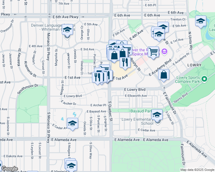 map of restaurants, bars, coffee shops, grocery stores, and more near 35 Quebec Street in Denver