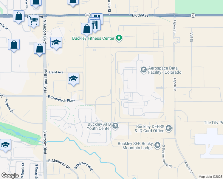 map of restaurants, bars, coffee shops, grocery stores, and more near Powder Horn Street in Aurora
