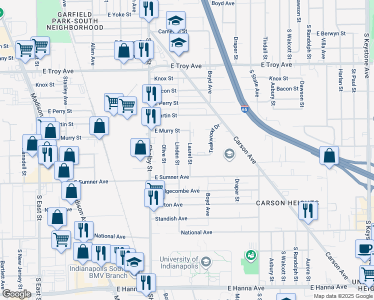 map of restaurants, bars, coffee shops, grocery stores, and more near 3341 Laurel Street in Indianapolis