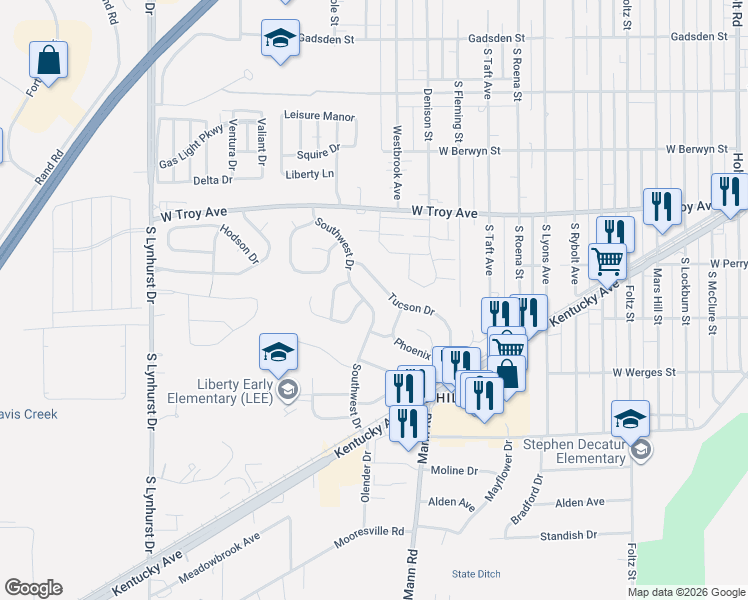 map of restaurants, bars, coffee shops, grocery stores, and more near 3228 Southwest Drive in Indianapolis