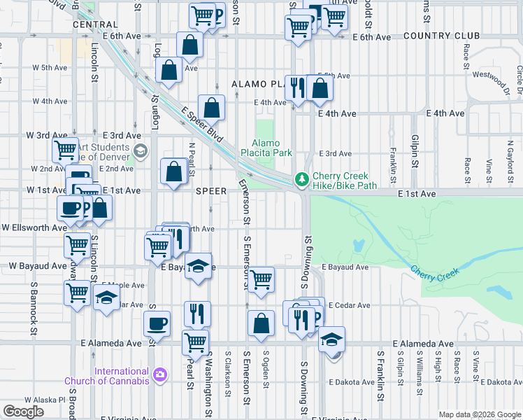 map of restaurants, bars, coffee shops, grocery stores, and more near 29 Ogden Street in Denver