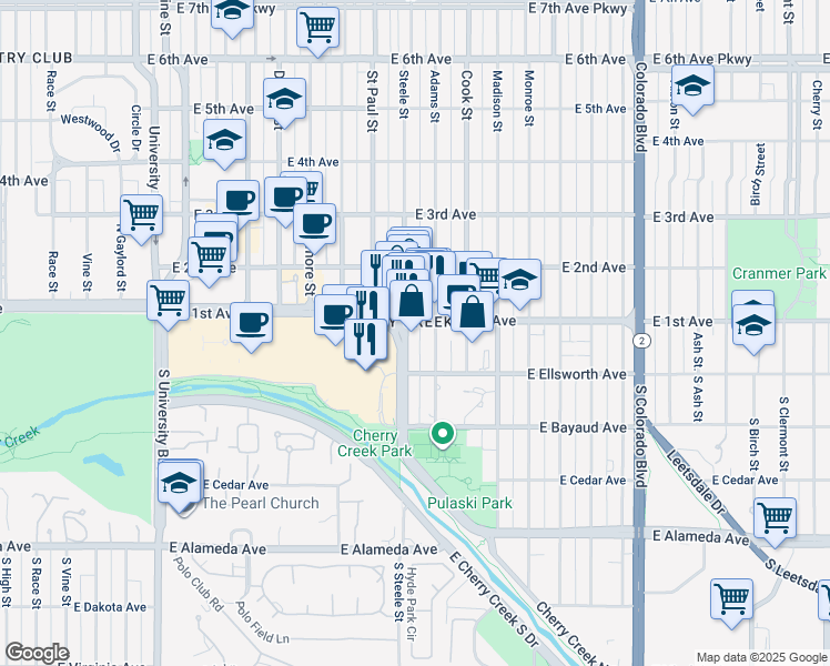 map of restaurants, bars, coffee shops, grocery stores, and more near 48 Steele Street in Denver