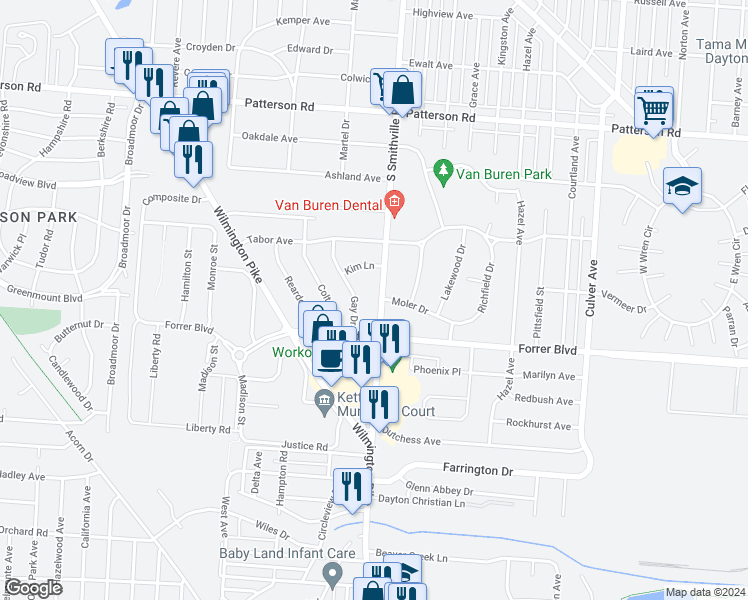 map of restaurants, bars, coffee shops, grocery stores, and more near 2117 Smithville Road in Kettering