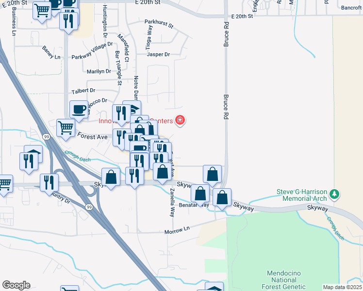 map of restaurants, bars, coffee shops, grocery stores, and more near 2619 Forest Avenue in Chico