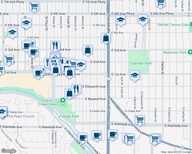 map of restaurants, bars, coffee shops, grocery stores, and more near 3740 East 1st Avenue in Denver