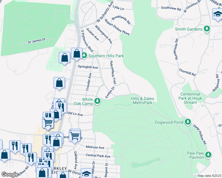 map of restaurants, bars, coffee shops, grocery stores, and more near 2550 South Patterson Boulevard in Dayton