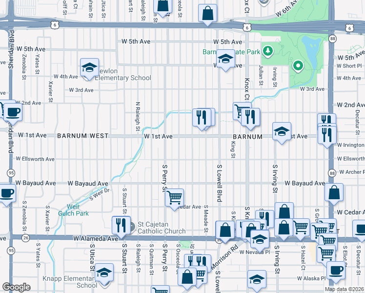 map of restaurants, bars, coffee shops, grocery stores, and more near 23 Newton Street in Denver