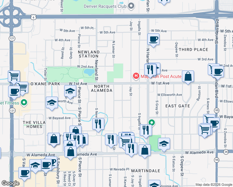 map of restaurants, bars, coffee shops, grocery stores, and more near 15 North Lamar Street in Lakewood
