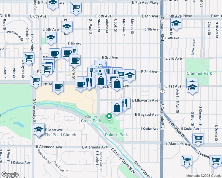 map of restaurants, bars, coffee shops, grocery stores, and more near 3300 East 1st Avenue in Denver